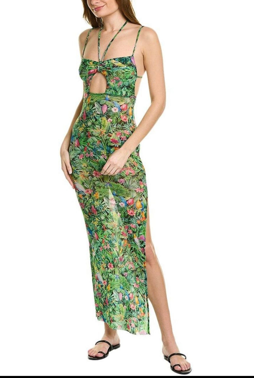 Tropical Strappy Mesh Cutout Maxi Dress